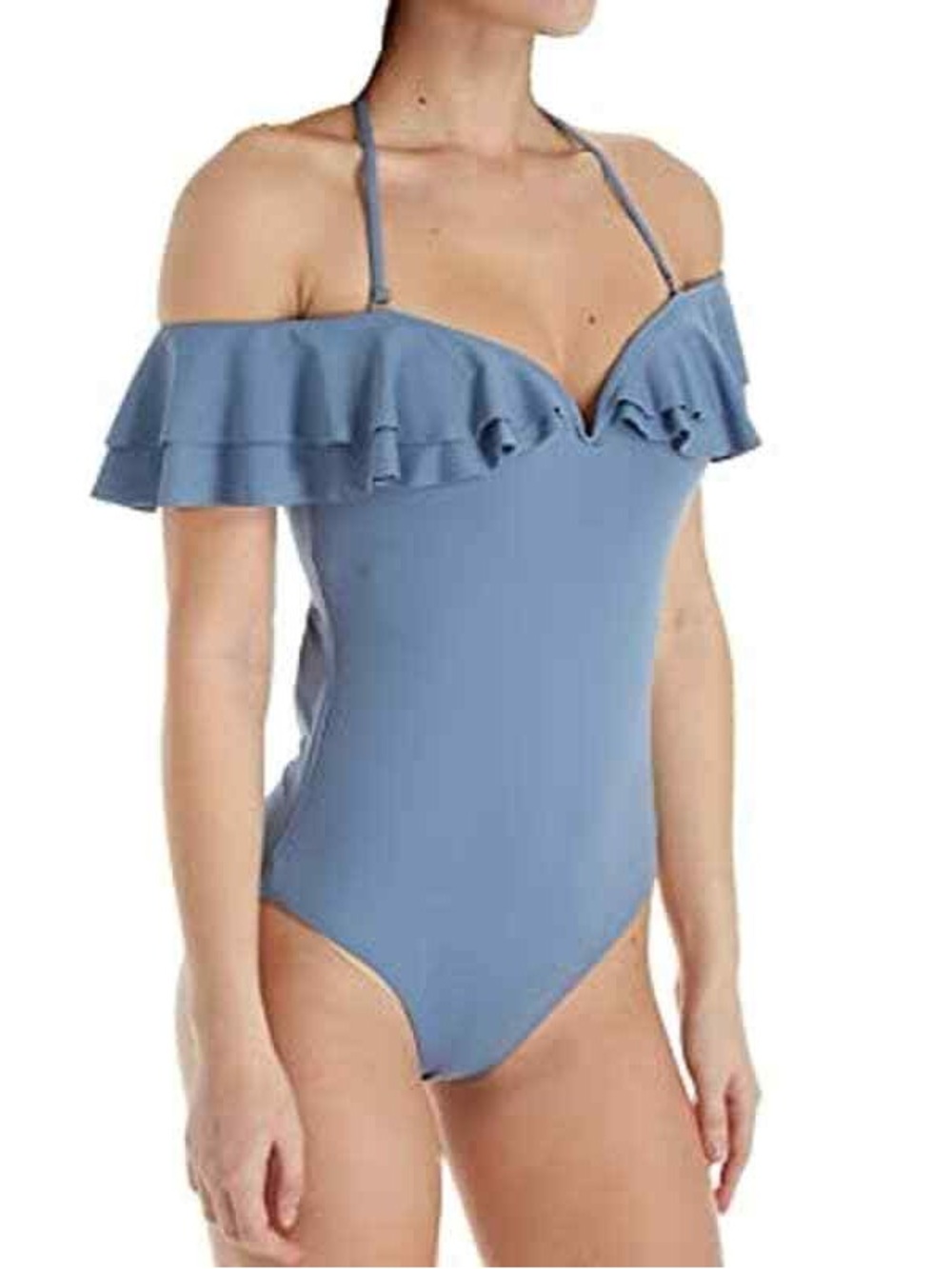 BECCA Blue Ruffle Off-Shoulder One-Piece Swimsuit